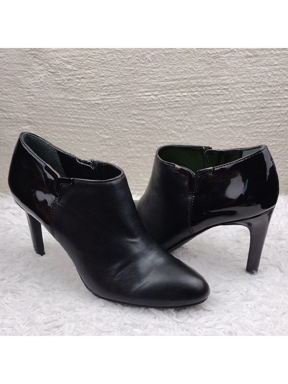 Franco Sarto Frama Black Patent Almond Toe Side Zip Stiletto Heel Bootie Shoe